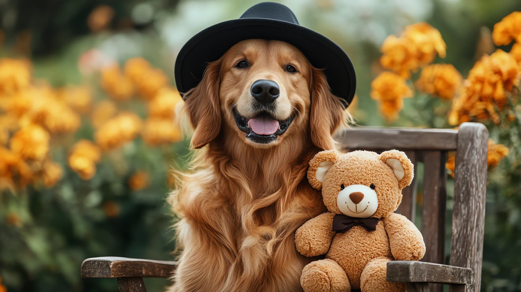 golden retriever photo wear a wide-brimmed black hat holding a teddy bear desktop wallpaper 4k