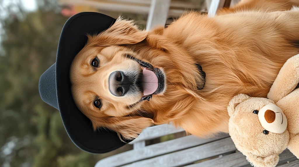 golden retriever photo wear a wide-brimmed black hat phone wallpaper 4k