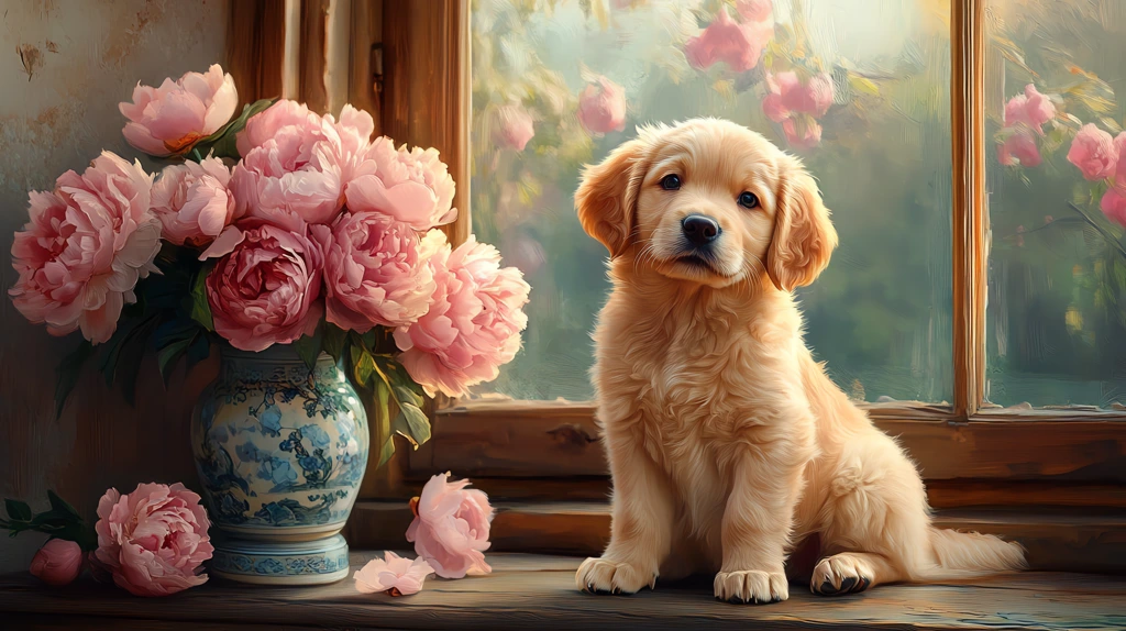 golden retriever puppy sitting by the window surrounded by pink peonies desktop wallpaper 4k