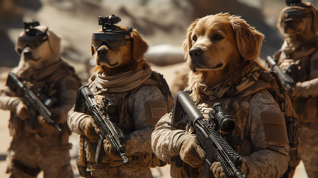 golden retriever soldiers clad in combat gear strategically posed in combat gear desktop wallpaper 4k