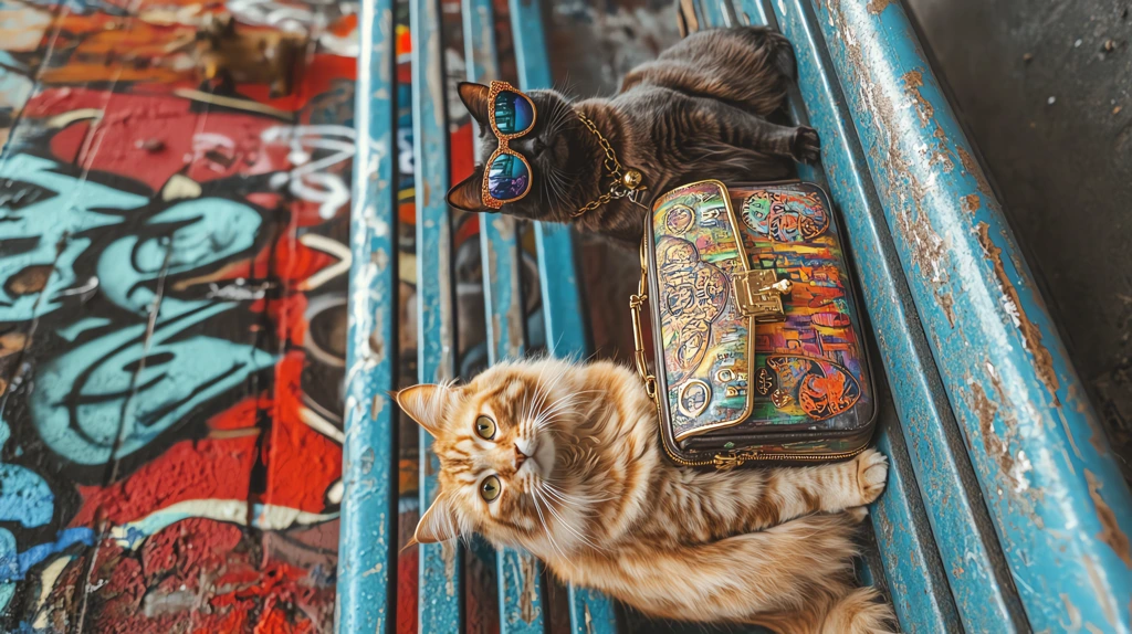 graffiti-covered metal bench cat fashion phone wallpaper 4k