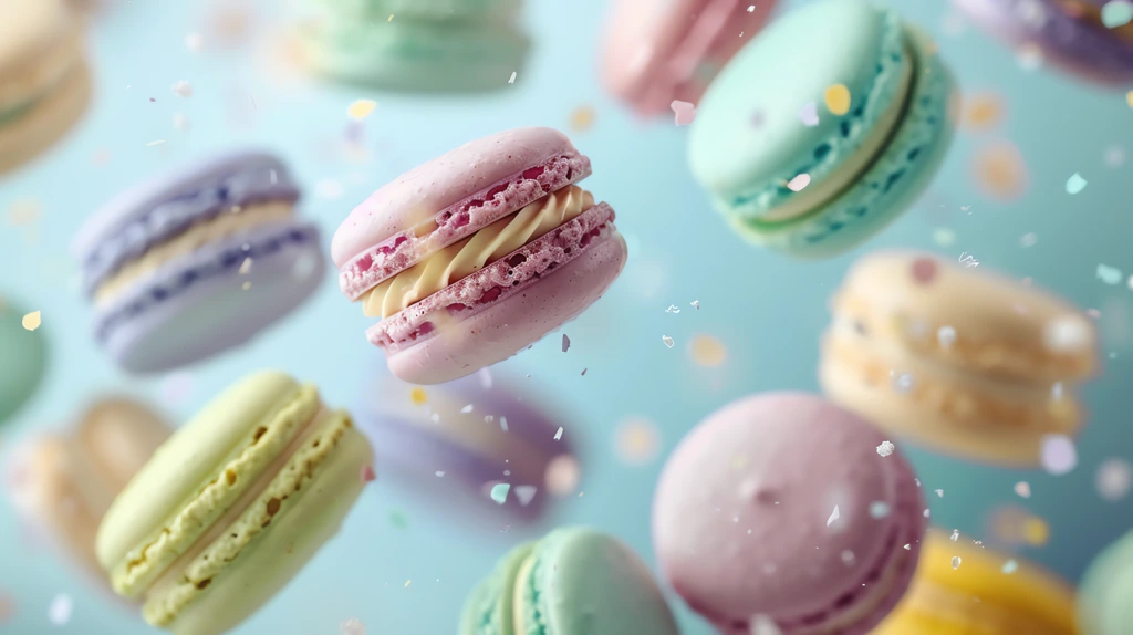 green blue cream and yellow coloured macaroons floating in the air desktop wallpaper 4k