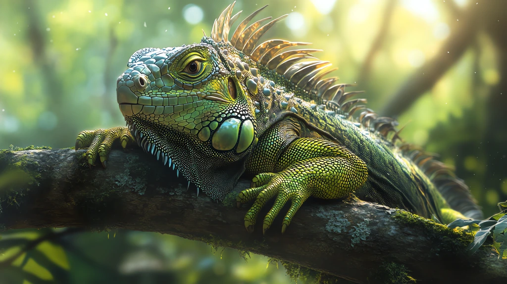 green iguana lounging on a low branch version one desktop wallpaper 4k