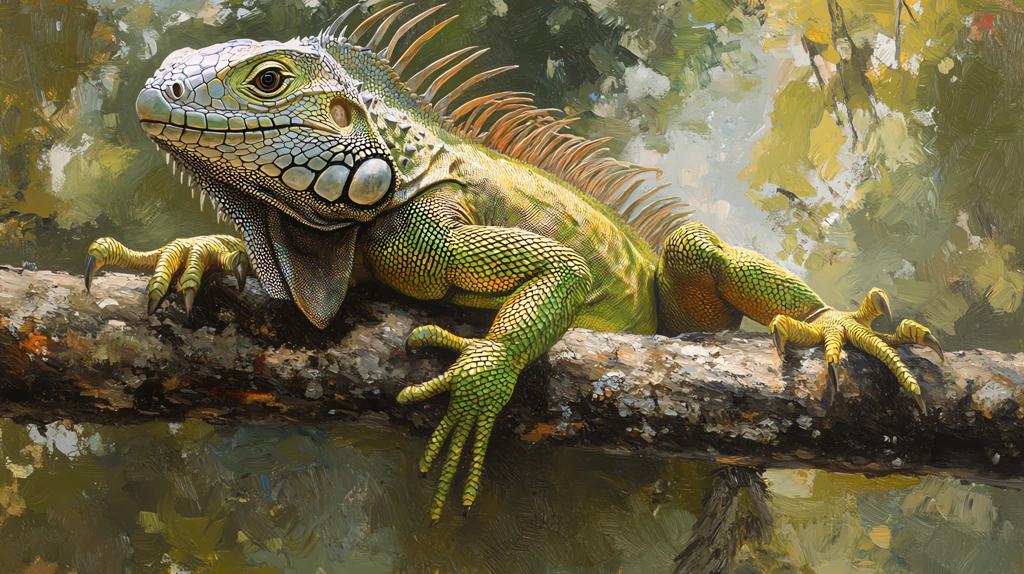 green iguana lounging on a low branch version two desktop wallpaper 4k