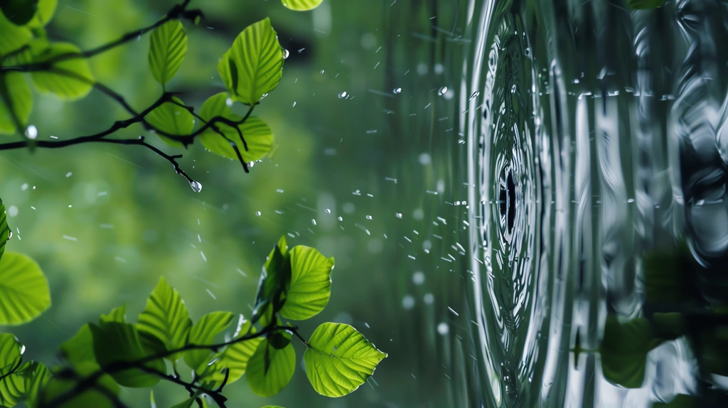 green raindrops creating ripples in the water with green leaves visible phone wallpaper 4k