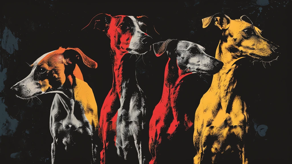 group of 5 whippet dogs in 90s bootleg desktop wallpaper 4k