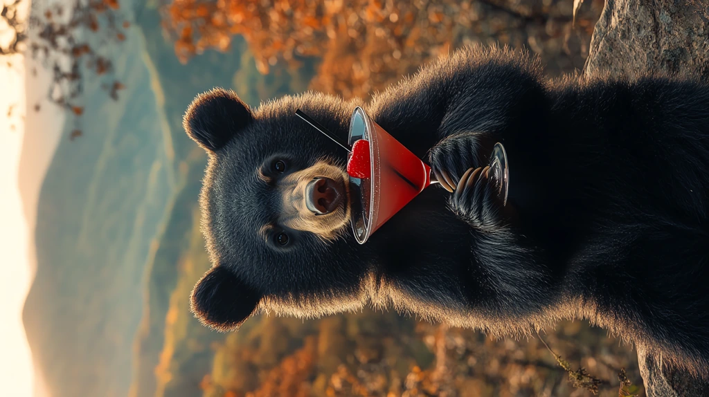 happy black bear holding a red martini cocktail version four phone wallpaper 4k