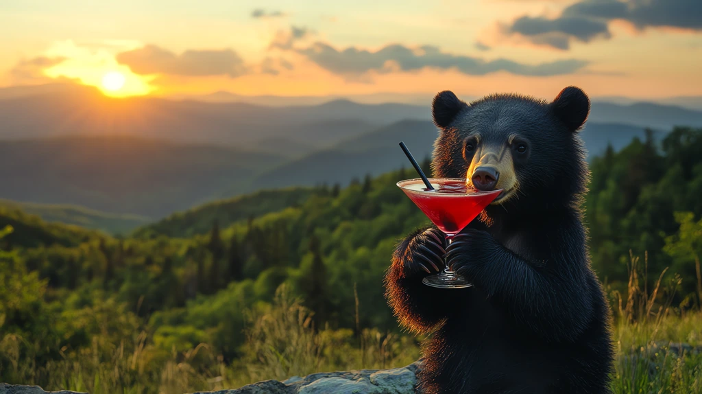 happy black bear holding a red martini cocktail version one desktop wallpaper 4k