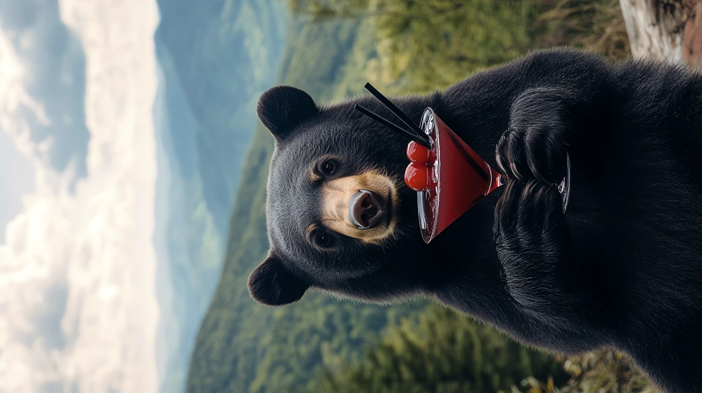 happy black bear holding a red martini cocktail version three phone wallpaper 4k