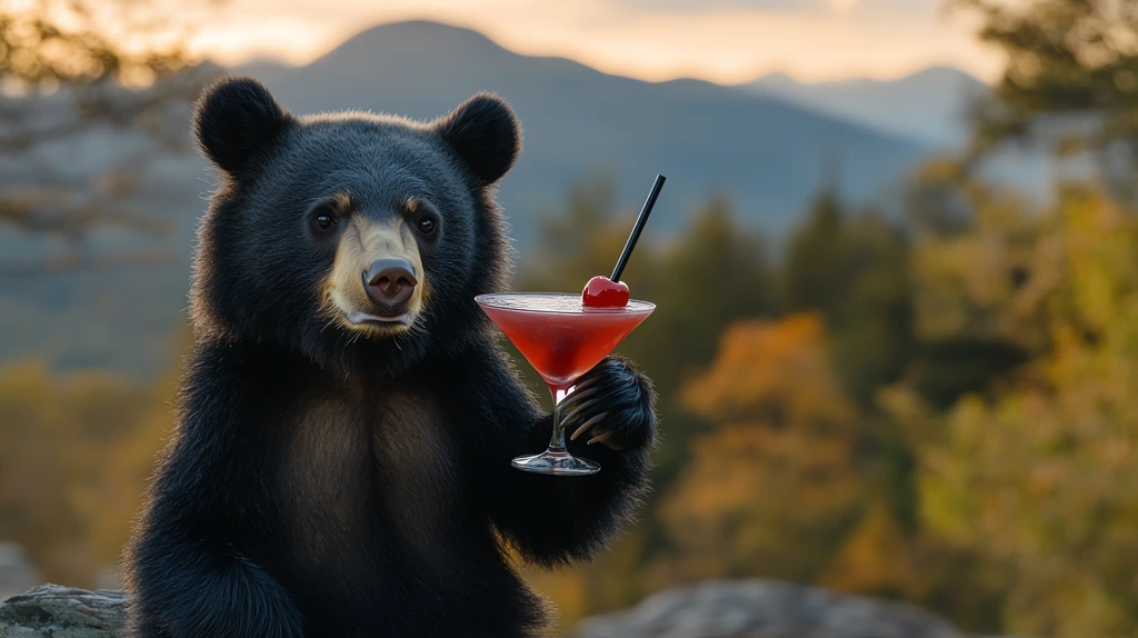 happy black bear holding a red martini cocktail version two desktop wallpaper 4k