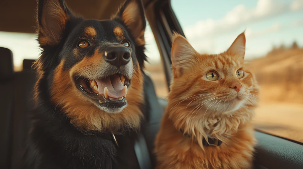 happy dog and cat together in car desktop wallpaper 4k