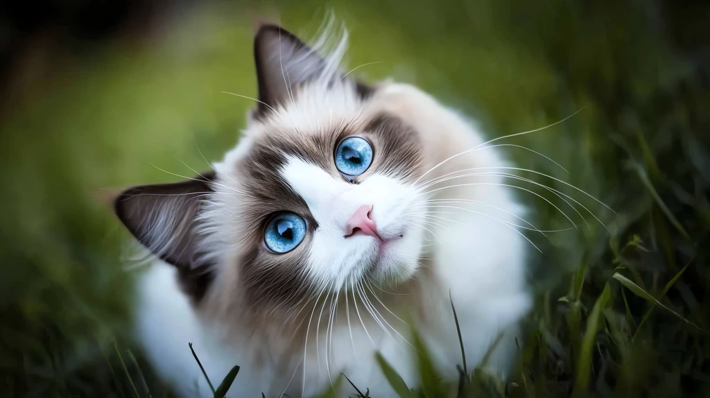 happy ragdoll cat in the grass looking up at tree desktop wallpaper 4k