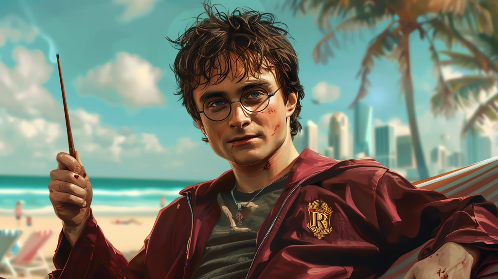 harry potter in grand theft auto style holding a magic desktop wallpaper 4k