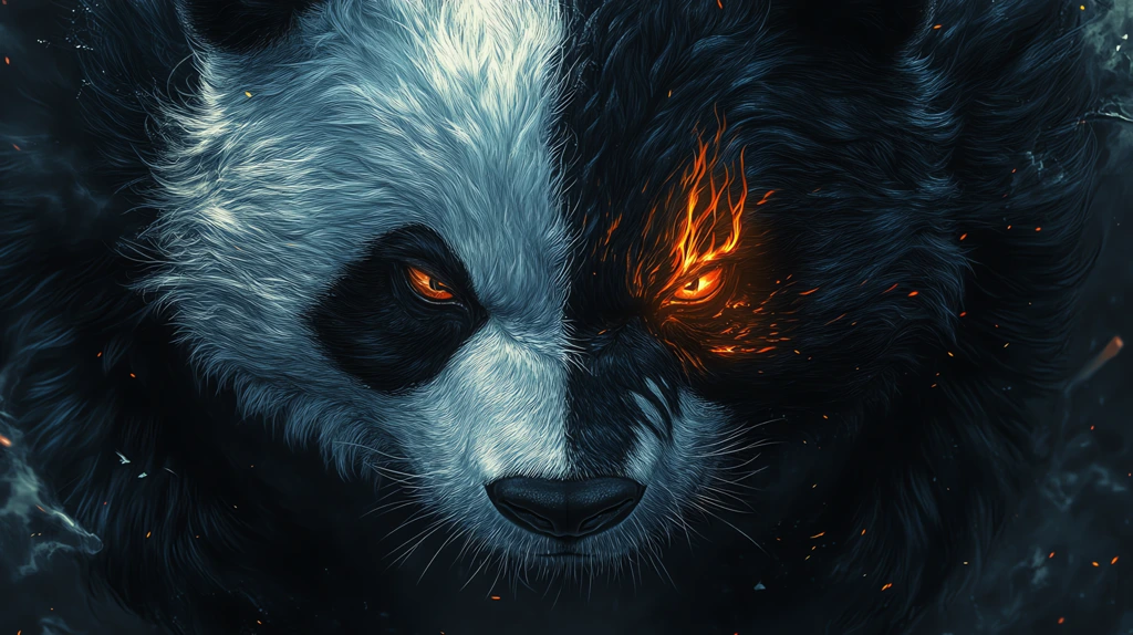 harsh panda and black panda symmetrical illustration style glowing eyes white fur desktop wallpaper 4k