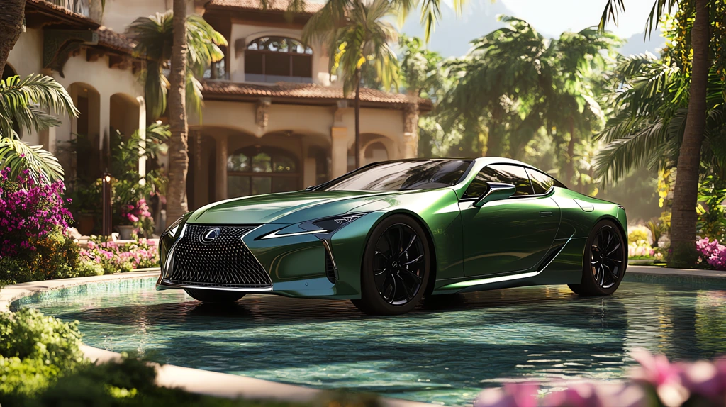 high quality a lexus lc500h sport in jade color with black wheels parked in the yard of a villa desktop wallpaper 4k