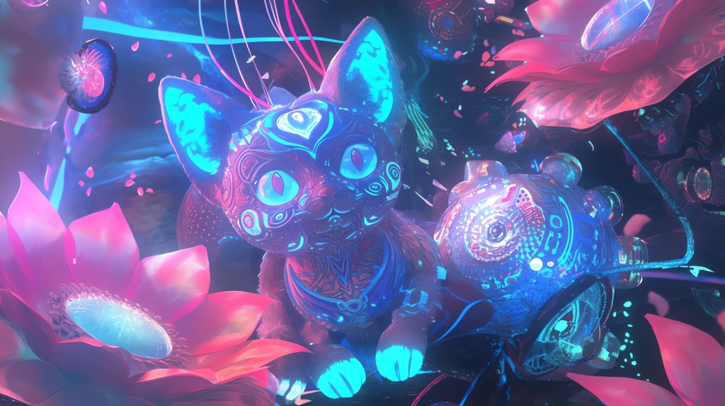 hippie animal teddy psychedelic kitten by obili in the style of futuristic glamour desktop wallpaper 4k