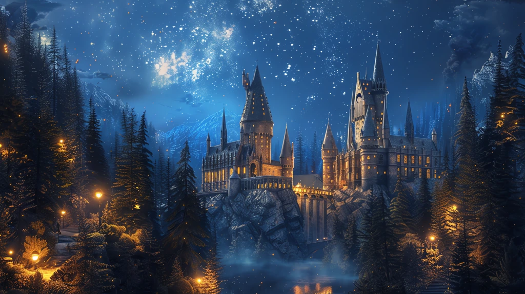 hogwarts castle with a night light trailing desktop wallpaper 4k