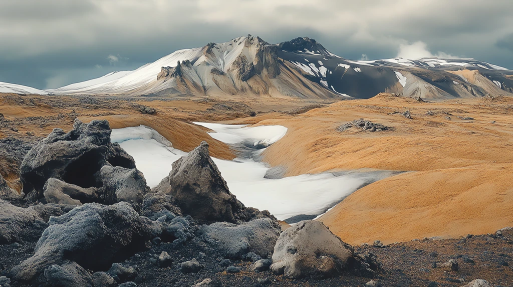 horizontal angle shot iceland mountains with snow and lava rocks in the style of raw texture desktop wallpaper 4k