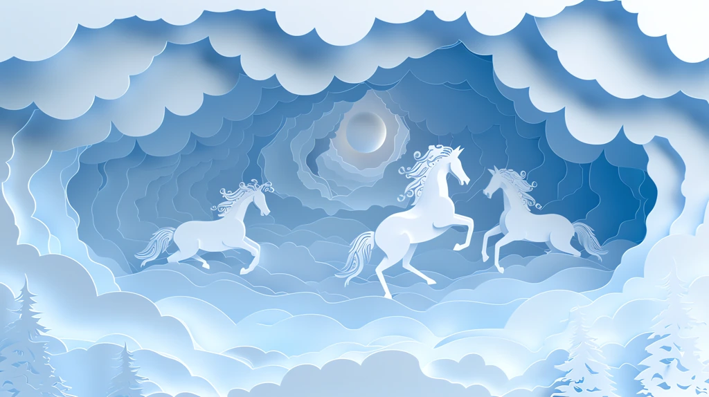 horses and two figures riding on clouds with a papercut style desktop wallpaper 4k