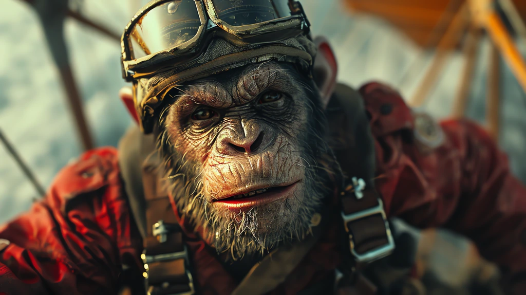 humanoid ape wearing 1940 parachute outfit desktop wallpaper 4k