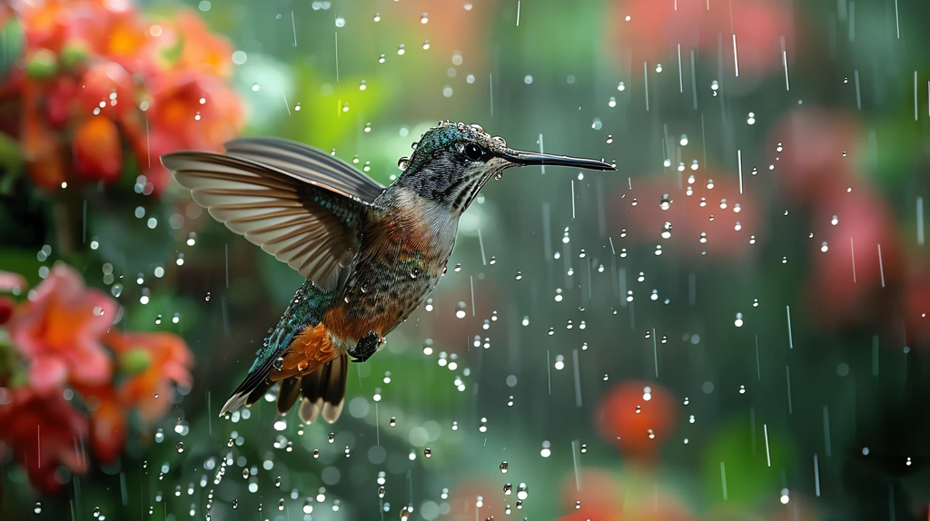hummingbird flies in the rain colorful atmospheric desktop wallpaper 4k