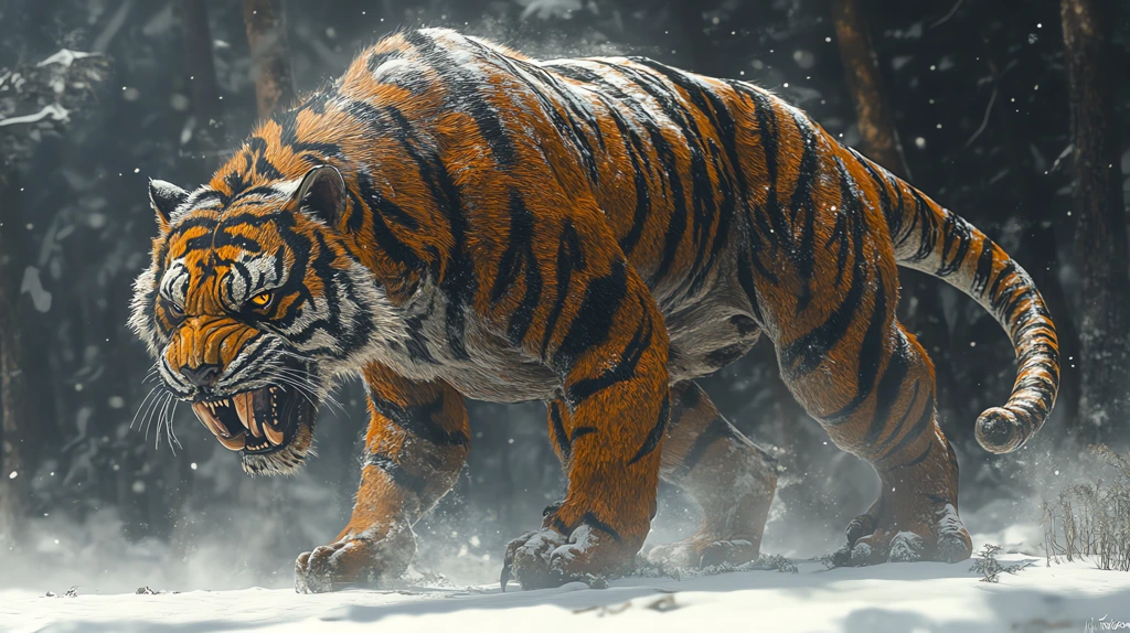 hybrid t-rex and tiger a towering creature with the formidable muscular body desktop wallpaper 4k