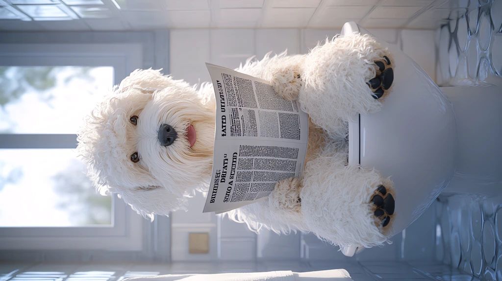 illustration of a old english sheepdog on a small toilet with a sweet look phone wallpaper 4k