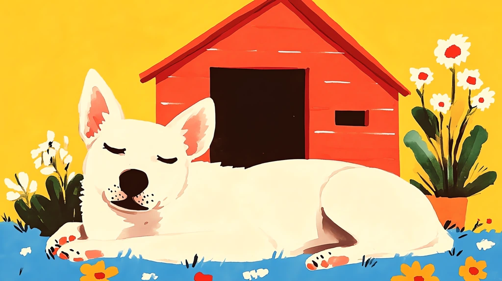 illustration of a white cute dog inside a cozy house having rest minimalistic watercolor desktop wallpaper 4k