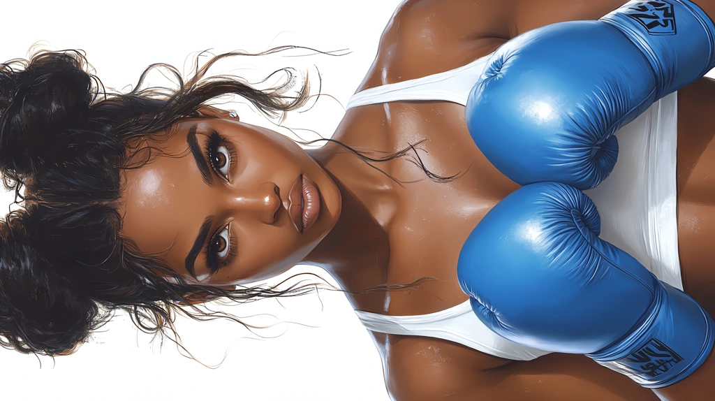 illustration of beautiful black plus size female wearing blue boxing gloves and white tank top phone wallpaper 4k