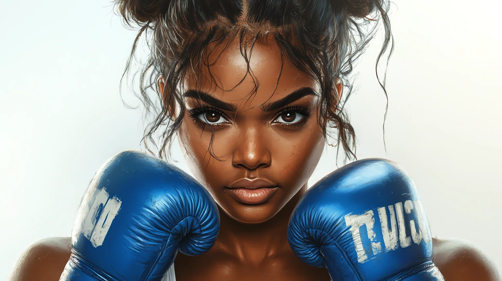 illustration of beautiful black plus size female wearing blue boxing gloves desktop wallpaper 4k