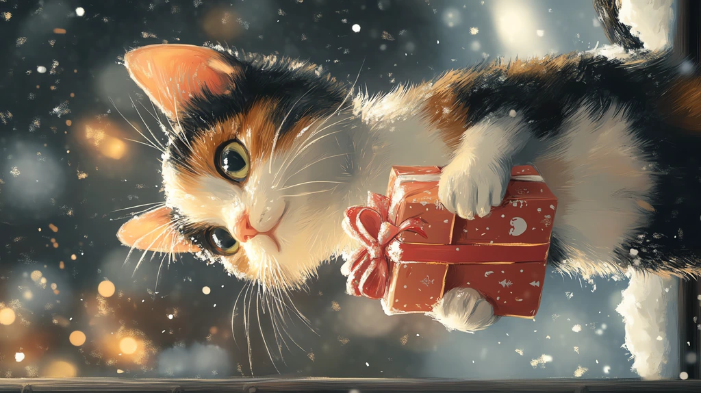 illustration of calico cat with a present phone wallpaper 4k