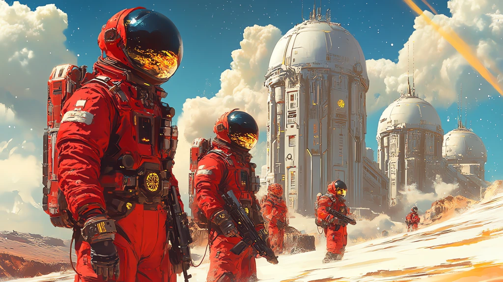 illustration of mars colonists in red space suits standing in front of towering domes desktop wallpaper 4k