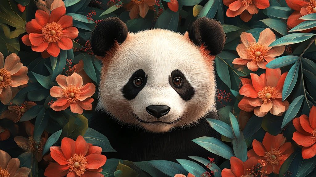 illustration panda surrounded by flowers in isolated color desktop wallpaper 4k