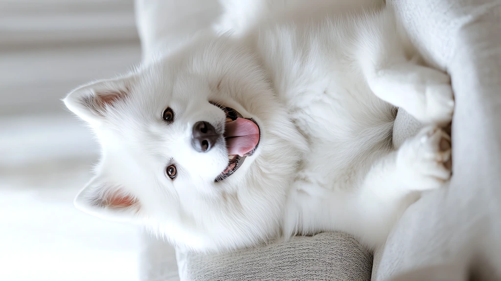 image of a samoyed dog lying on the couch phone wallpaper 4k