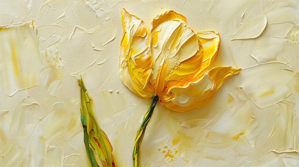 impasto painting of a tulip flower yellow hues a stem with green leaves desktop wallpaper 4k