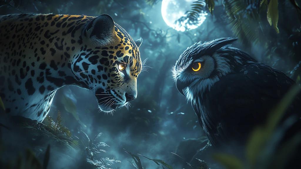 jaguar on the left a powerful eagle owl on the right facing each other desktop wallpaper 4k