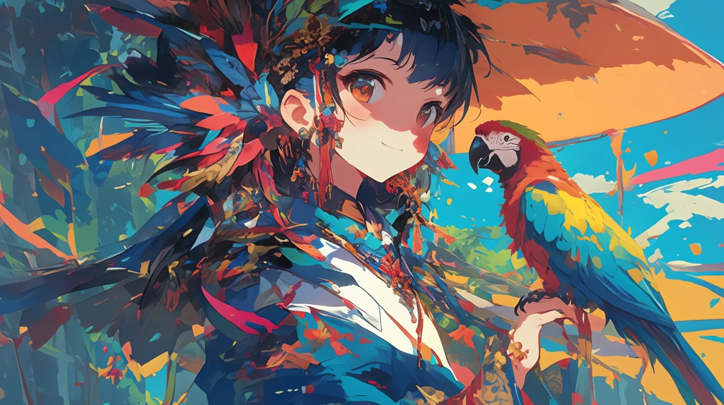 japanese anime-style drawing of a girl and her parrot in colorful costumes desktop wallpaper 4k