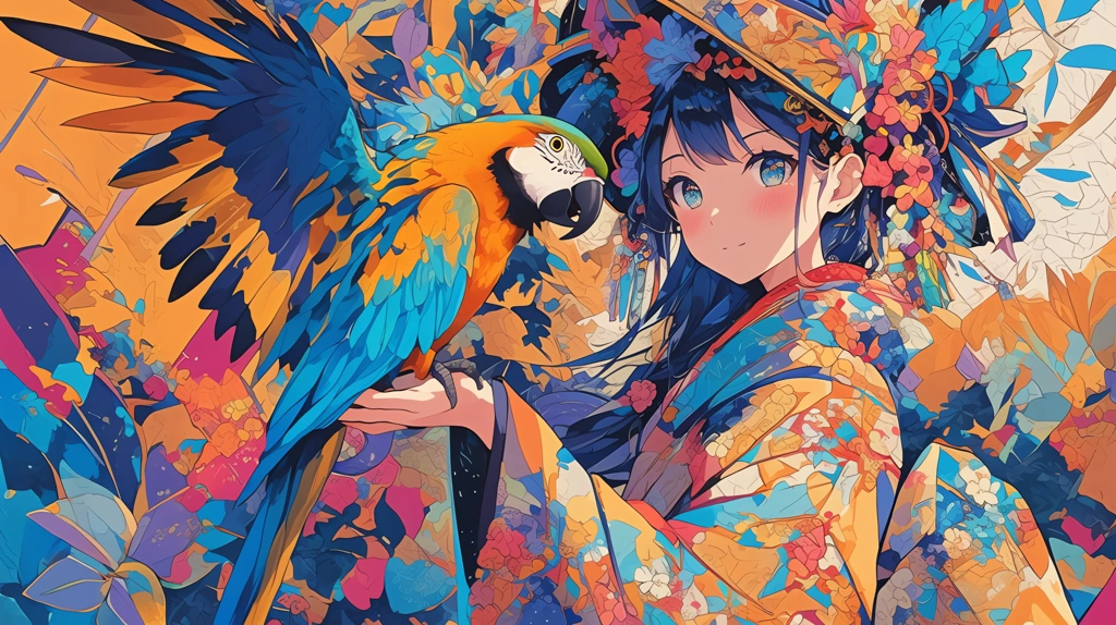 japanese anime-style drawing of a girl and her parrot in colorful costumes with hats vivid colors desktop wallpaper 4k