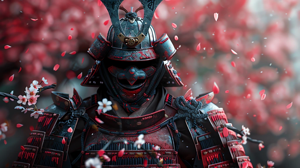 japanese armored samurai in dark cherry blossoms against a japanese indigo desktop wallpaper 4k