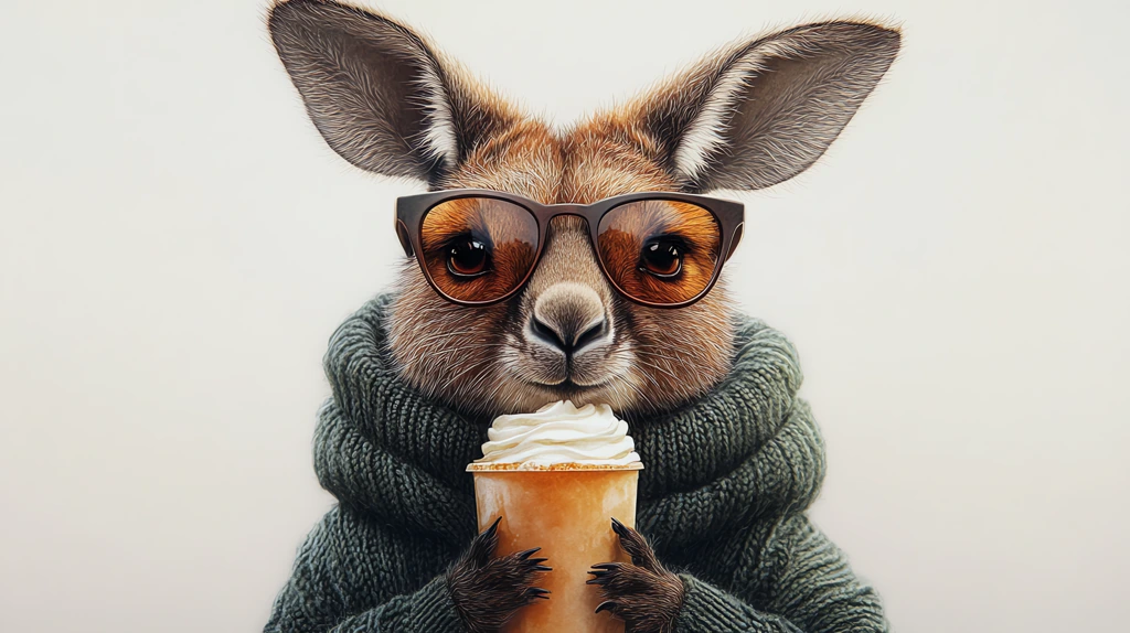 kangaroo wearing a green jumper and sunglasses drinking a milkshake in its paw desktop wallpaper 4k