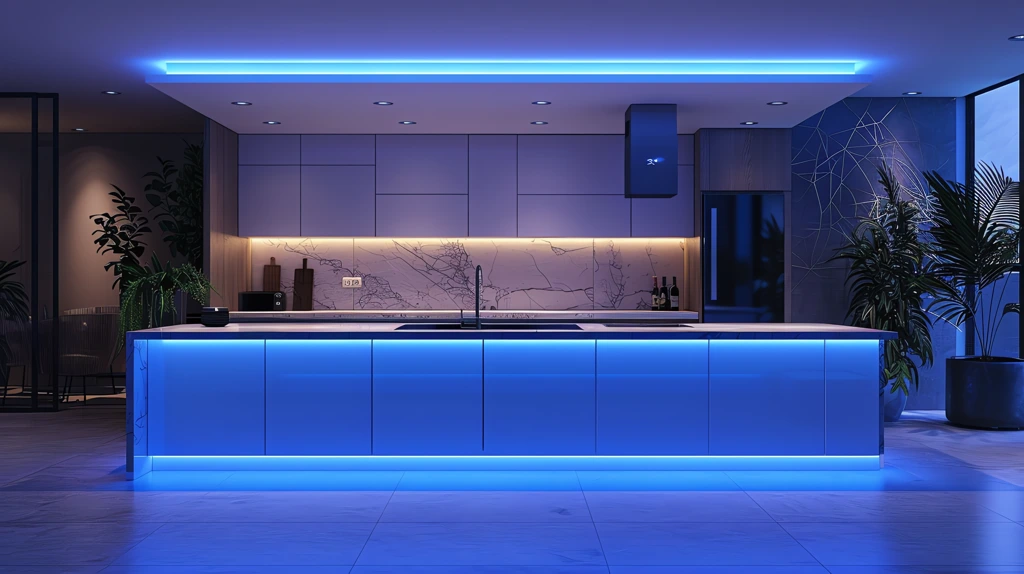 kitchen with a brilliant blue light atmospheric desktop wallpaper 4k