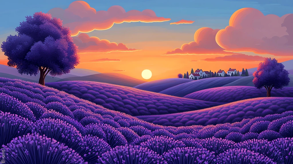 landscape with clouds flowers and trees; fields of lavender; a sunset with a light blue sky desktop wallpaper 4k