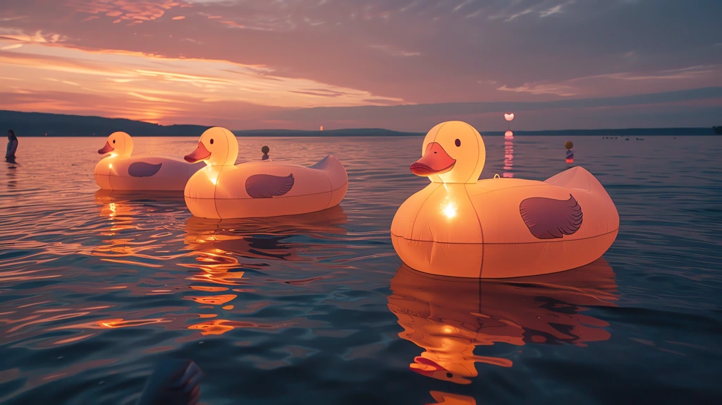 led holographic duckies floating on the lake at sunset desktop wallpaper 4k