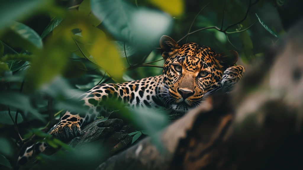 leopard in the jungle lying on a tree trunk surrounded by leaves desktop wallpaper 4k