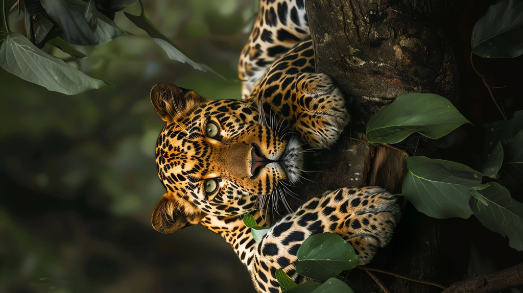 leopard in the jungle lying on a tree trunk the front paws phone wallpaper 4k