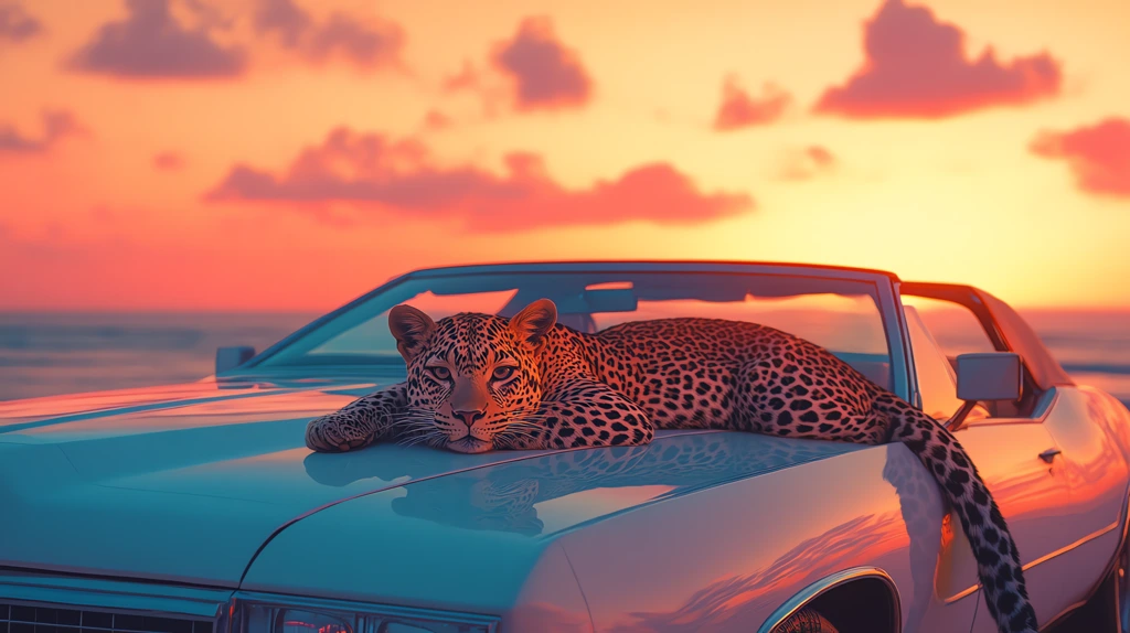 leopard lies on the hood of an old white cadillac full view of the car desktop wallpaper 4k