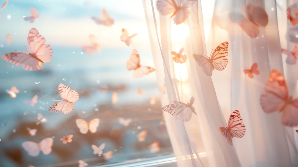 light pink butterflies flyingout of it looking at the sea outside the glass desktop wallpaper 4k
