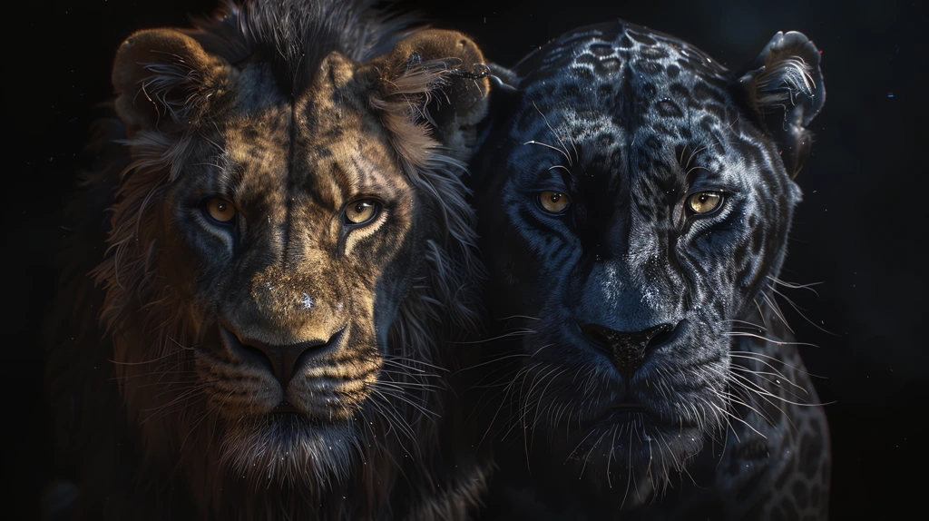 lion and black panther black lion black panther ultrarealistic desktop wallpaper 4k