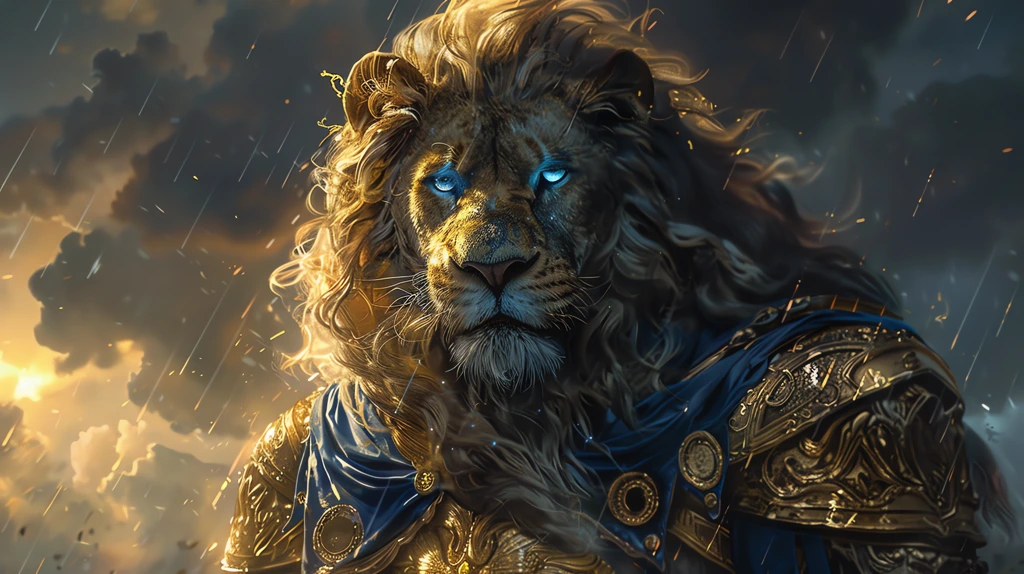 lion in golden armour standing behind yellow-eyed cougar in golden armour desktop wallpaper 4k