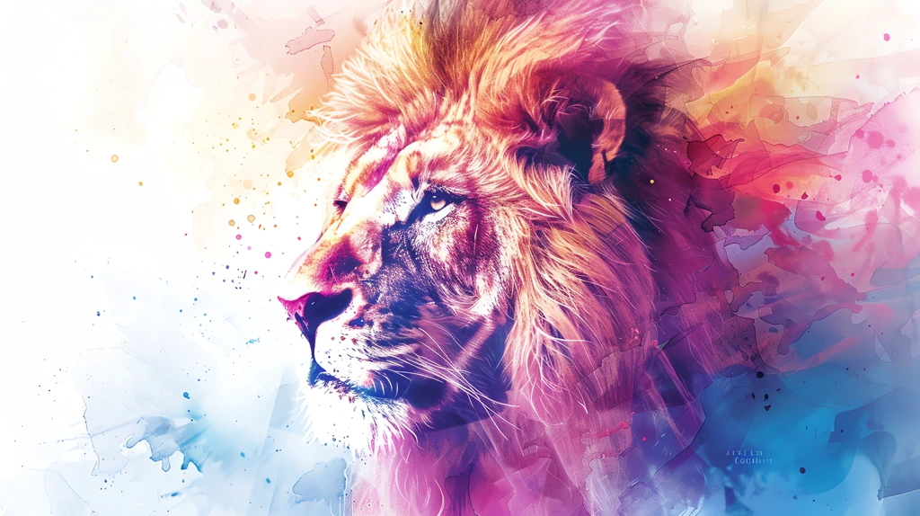 lion watercolor painting with ink splashes and abstract elements pastel colors desktop wallpaper 4k